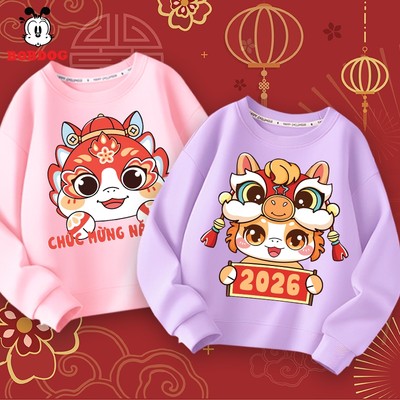 Áo Tết cho bé gái BOBDOG, sweater dài tay chất cotton da cá ấm áp in hình ngựa năm mới 2026 cute