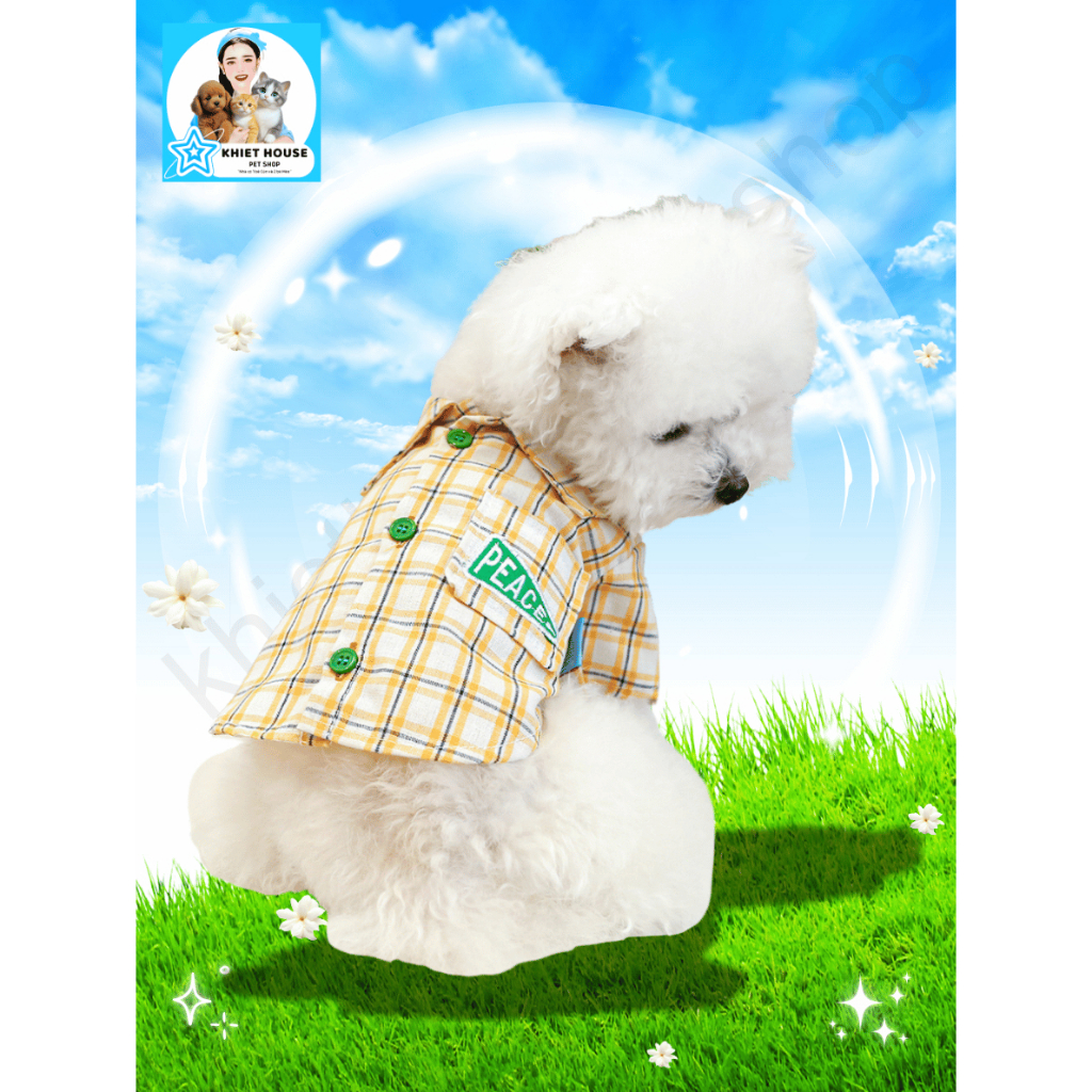 <KHIET HOUSE> Áo Sơ Mi Cho Chó Mèo Con - Áo Caro Vàng PEACE Phong Cách Hàn Quốc Năng Động, Chất Vải 