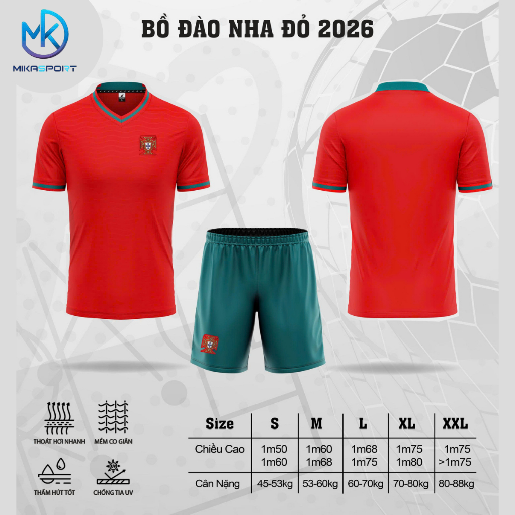 Bộ Quần Áo Bóng Đá Tuyển Bồ Đào Nha Euro 2026 Logo Thêu Thun Lạnh Cao CẤP A18