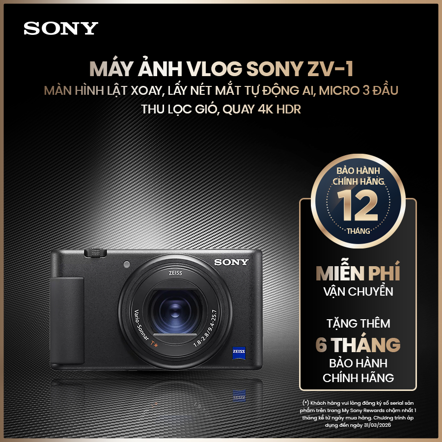 Máy ảnh vlog Sony ZV-1 màn hình lật xoay, lấy nét mắt tự động AI, micro 3 đầu thu lọc gió, quay 4K HD