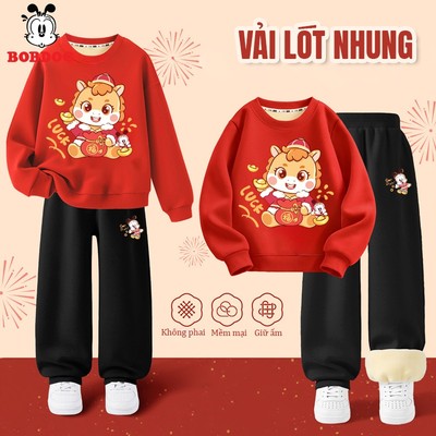 Bộ nỉ nhung cho bé trai BOBDOG dài tay, quần áo thu đông ấm áp in hình ngựa tết cute RU1-KS485-480