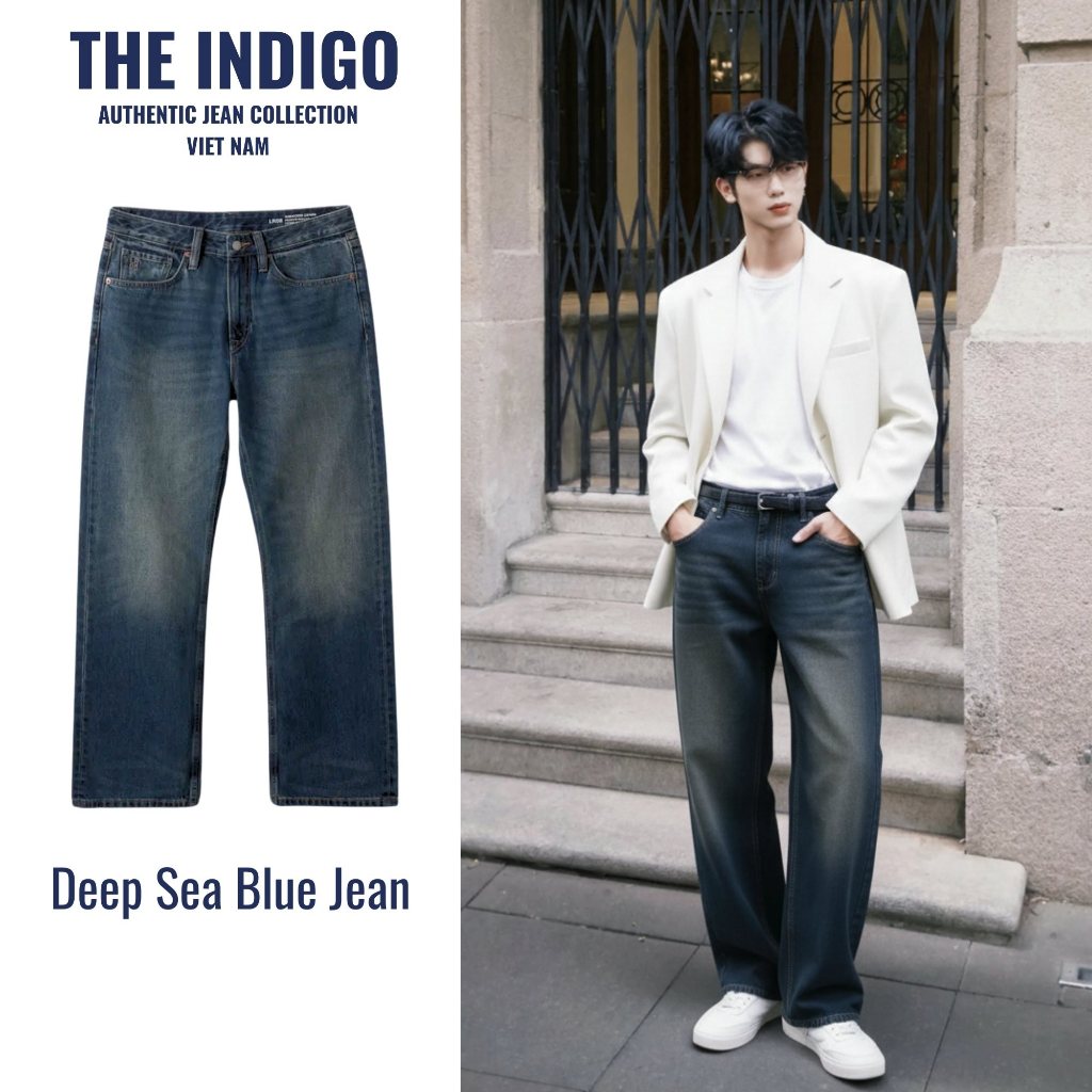 Quần Jean Nam DEEP SEE BLUE - THE INDIGO - Quần Bò Jean Nam Nữ Ống Suông Rộng Wash Retro