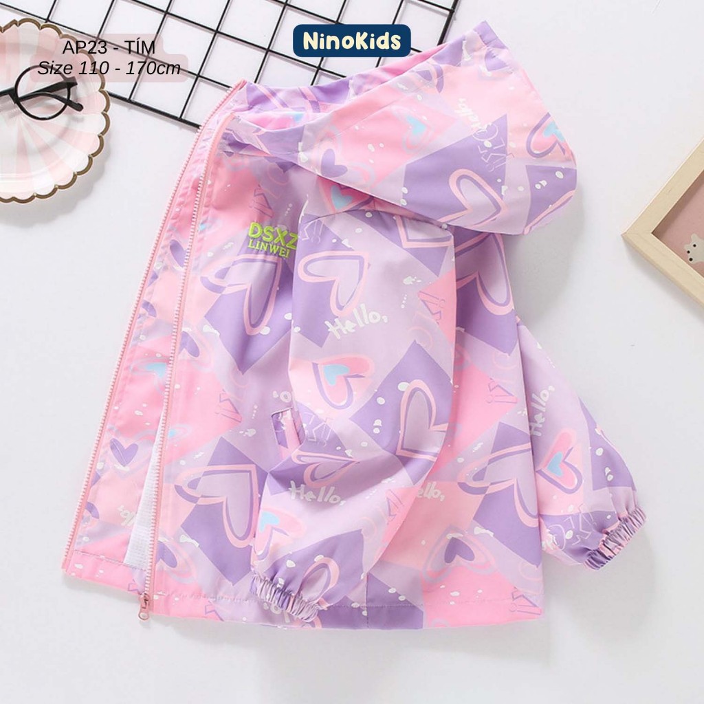 Áo khoác cho bé gái lớp 1- 9, Thiết kế họa tiết siêu đáng yêu, chất liệu vải dù thoáng khí,  AP23 Ni