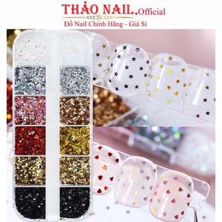 Sét nhũ kim sa lấp lánh hình ngôi sao và tim mini khay 12 ô mix màu gắn móng ẩn nail.