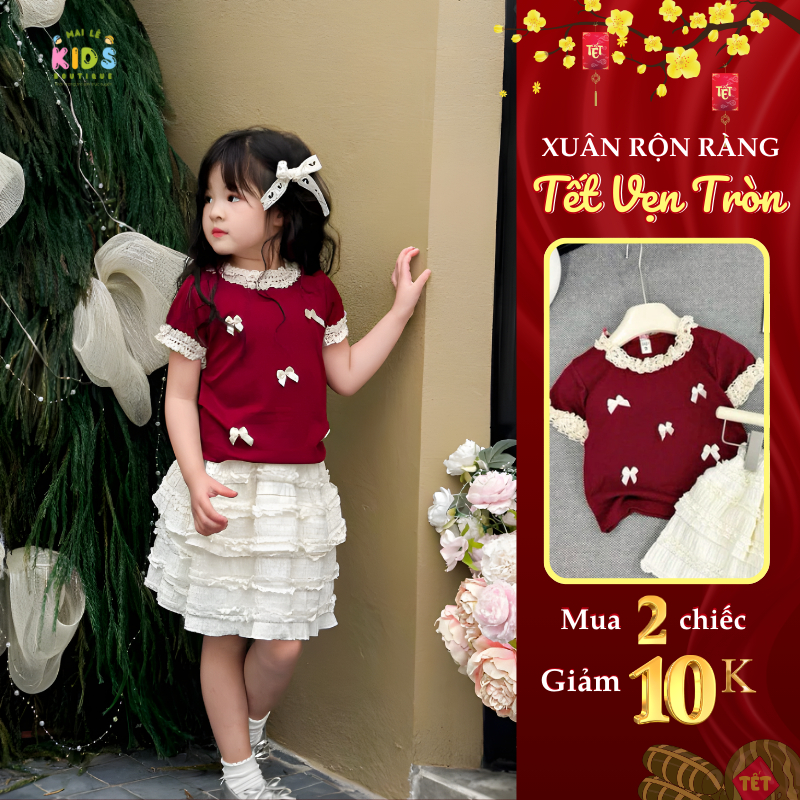 [A15 - BST TẾT 2026] Set đồ bé gái, set váy áo đỏ đô thun cotton cổ áo phối ren mix cùng chân váy 2 
