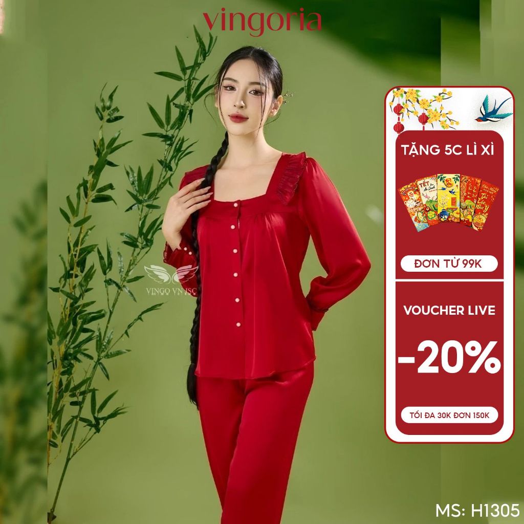Bộ đồ ngủ PIjama mặc nhà lụa VINGO/VINGORIA tay dài mùa thu H1305