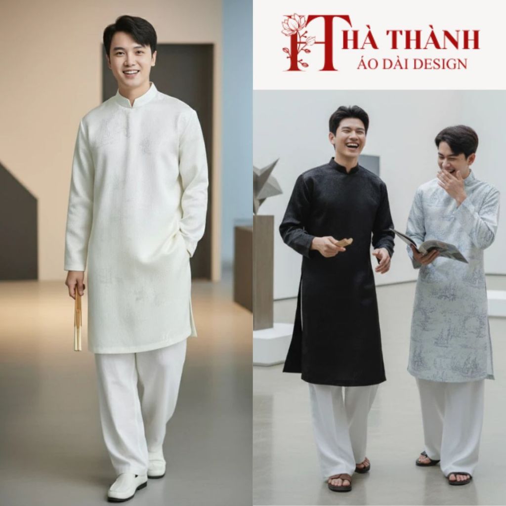 Áo Dài Nam-Tết 2026 cách tân dáng suông vải gấm thêu họa tiết thủy mặc trẻ trung_TH ÁO DÀI HÀ THÀNH