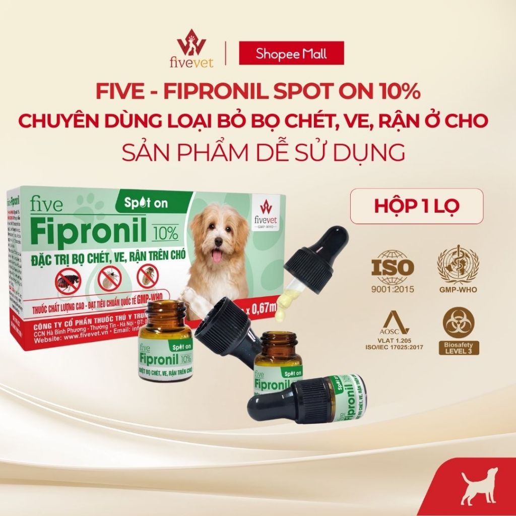 Nhỏ Gáy Hỗ Trợ Kiểm Soát Ve Rận Bọ Chét Cho Chó FIVEVET – Five Fipronil Spot On 10%