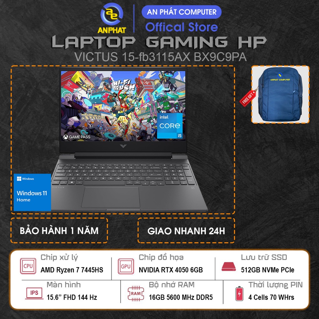 Laptop Gaming HP VICTUS 15-fb3115AX BX9C9PA, Ryzen 7 7445HS, RTX 4050 6GB, 16GB RAM, 512GB SSD, 15.6
