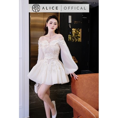 Váy Nữ Dự Tiệc Alice Chất Ren 3D Cao Cấp Đính Hoa Nổi Thủ Công, Đầm Ngắn Trễ Vai Phối Tơ Xốp Khóa Dọc V1443