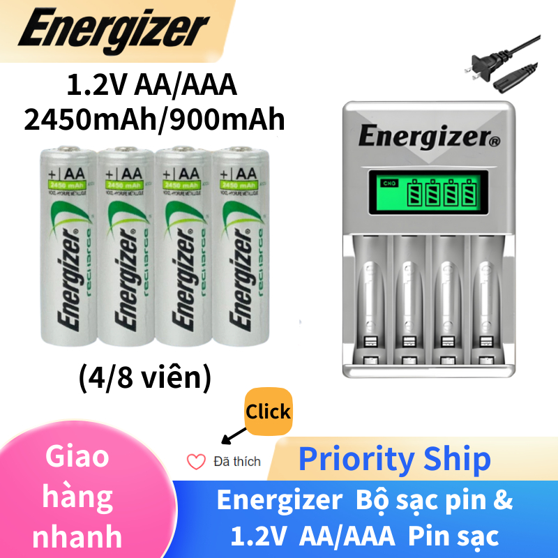 Energizer Pin sạc Ni-Mh 1.2V AA /AAA kèm bộ sạc thông minh 4 khe màn hình LCD, phích cắm Mỹ