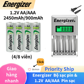 Energizer Pin sạc Ni-Mh 1.2V AA /AAA kèm bộ sạc thông minh 4 khe màn hình LCD, phích cắm Mỹ