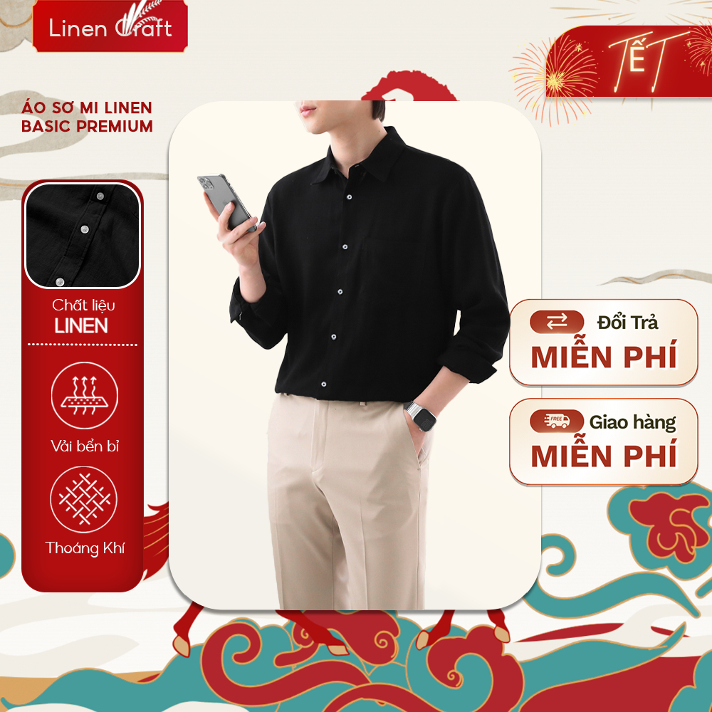 Linen Craft  Áo sơmi nam linen basic tay dài màu đen - trắng - xanh ngọc