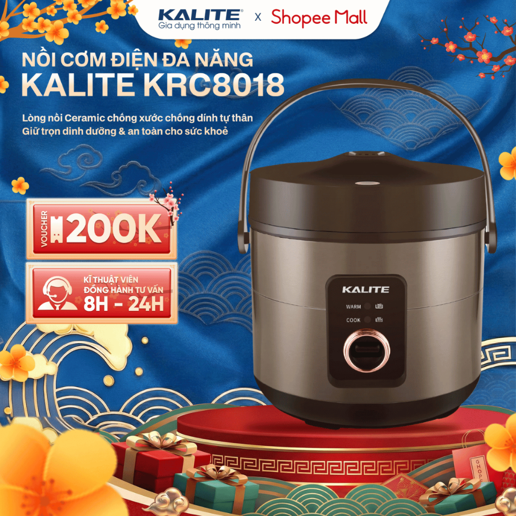 Nồi cơm điện KALITE KRC8018, Lòng nồi 5 lớp, đa chức năng nấu cơm, cháo, luộc, súp 1.8L, BH 12T