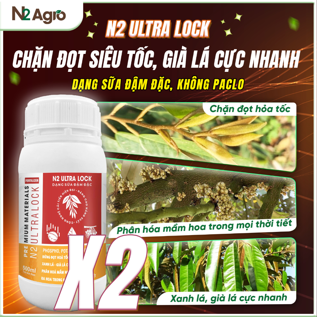 COMBO 2 CHAI N2 Ultra Lock N2 Agro - Chặn Đọt, Già Lá Siêu Tốc - Không Paclo - Dạng Chelate 500ml