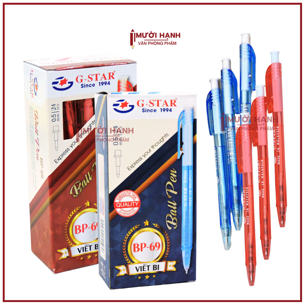 [BP69] HỘP 24 Cây Bút Bi Bấm / Viết Bi Bấm G-Star Gstar BP-69 BP 69 Ngòi 0.5mm Mực Xanh - Sản Xuất T