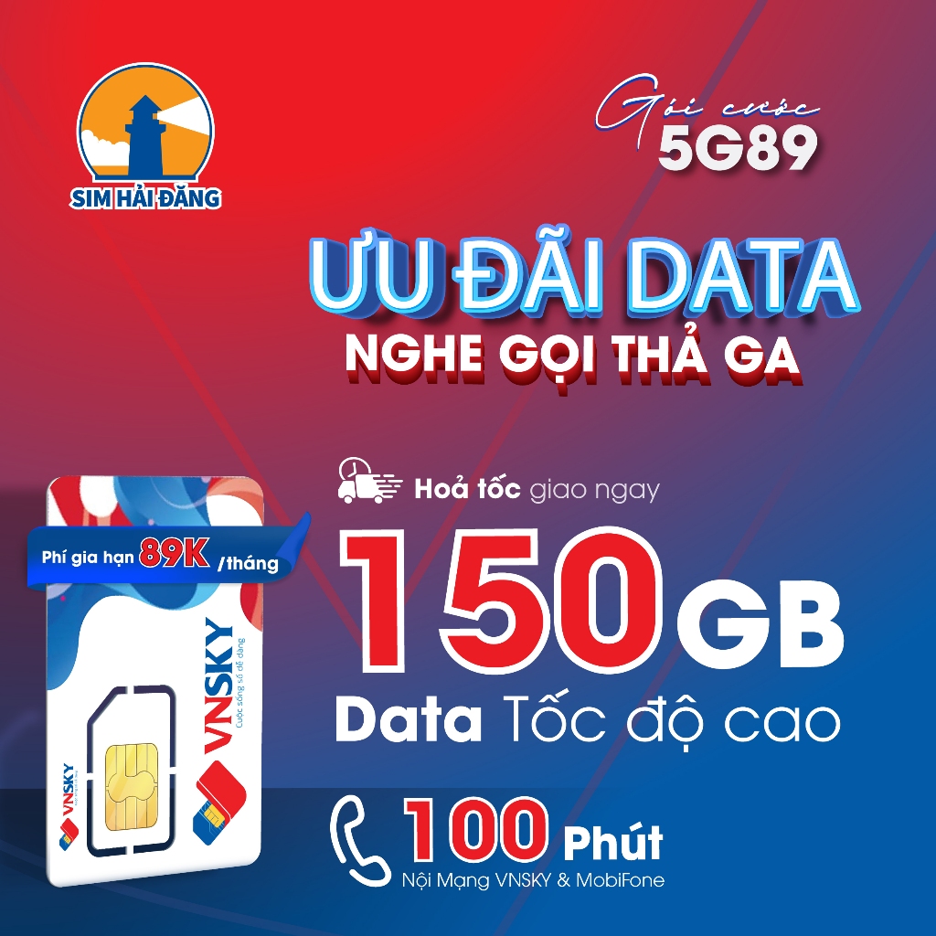 Sim 5G VNSKY MOBIFONE - 5G89 - 150GB/Tháng (5GB/Ngày) - Miễn Phí Tháng Đầu - 100 phút gọi nội mạng