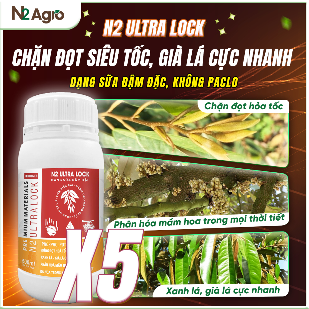 COMBO 5 CHAI Phân Bón N2 Ultra Lock N2 Agro - Chặn Đọt, Già Lá Siêu Tốc - Chelate 500ml