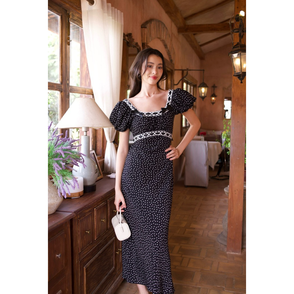 Fiona Dress - Đầm Maxi Chấm Bi Đen Trắng Tay Phồng Dáng Dả