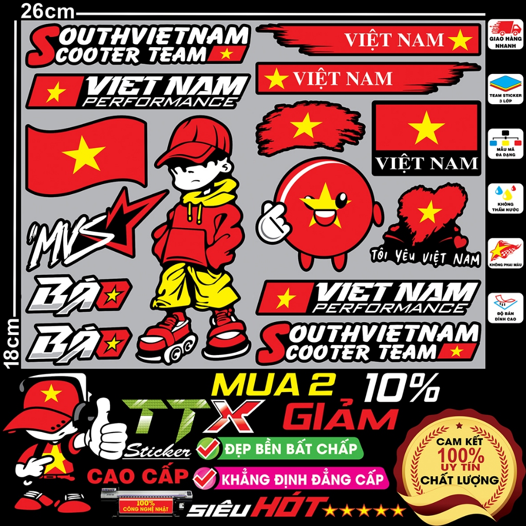 tem dán xe điện team việt nam sout sticker chống nước - Hình icon logo miếng dán nhiều mẫu trang trí