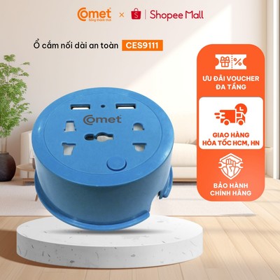 [HT HCM] Ổ Cắm Điện Du Lịch COMET CES9111 Dây Quay Tròn Dài 1M, 2 Ổ USB, Ổ 3 Chấu + 2 Chấu