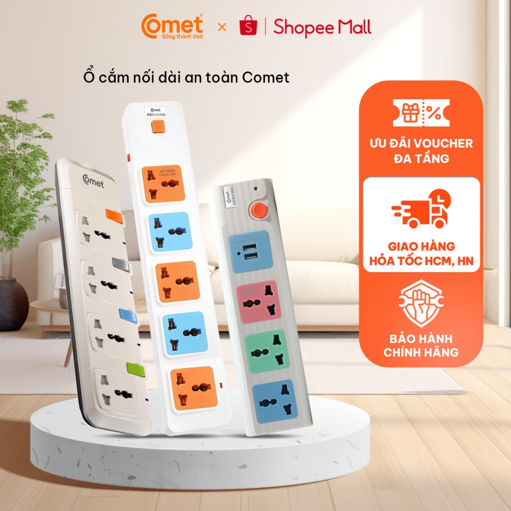 [hỏa tốc hcm/hn] ổ cắm điện đa năng comet dây 85cm/2m/3m/5m, công suất 2500w/1800w, chống cháy, chịu nhiệt cao