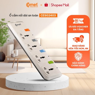 [Hỏa tốc HCM/HN] Ổ Cắm Điện Nối Dài 3M Comet  CESG2403 2500W 4 Lỗ 3 Chấu/Công Tắc + Nắp Lỗ Cắm An Toàn