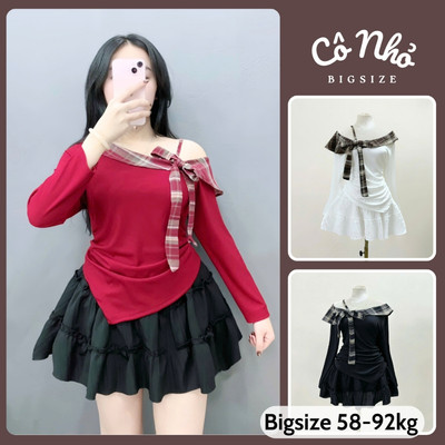 Set Áo Váy Bigsize Nữ Áo Thun Ôm Trễ Vai Tay Dài Kèm Chân Váy Ngắn Dễ Thương A333+CV409