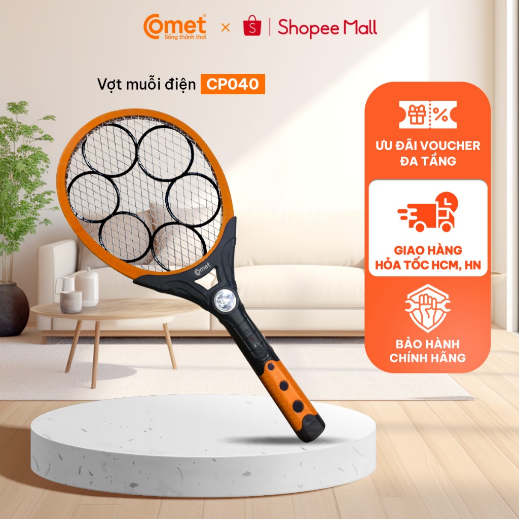 [Hỏa tốc HCM/HN] Vợt Muỗi Comet  CP040 điện thế mạnh, đèn pin LED tích hợp, bảo hành 6T