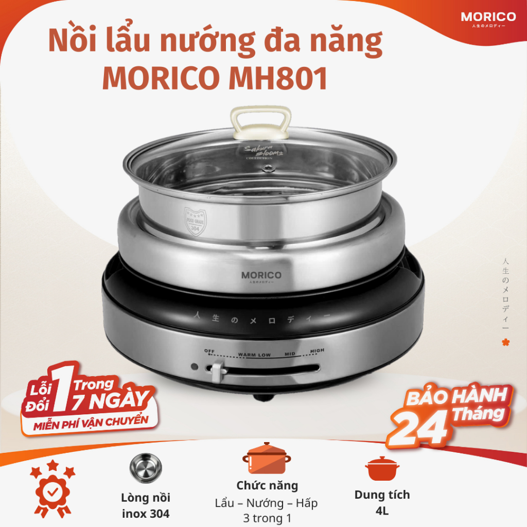 Nồi Lẩu Nướng Hấp MORICO MH801 Đa Năng 3in1 1300W Dung Tích 4L Dùng Điện 220V