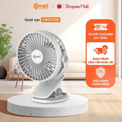[HT HCM/HN] Quạt Kẹp Tích Điện Đa Năng Xoay 360° COMET CRF0705 - 5W, 3 Tốc Độ Gió, Pin 1800mah, kẹp xe đẩy, đặt bàn