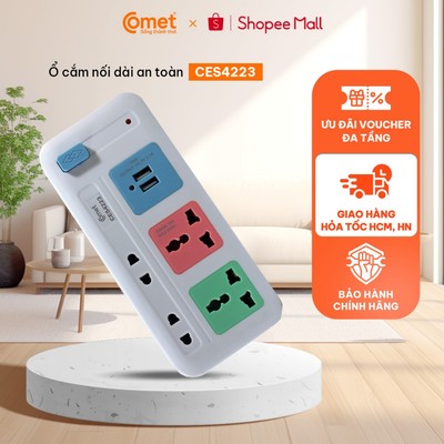 [ HT HCM/HN] Ổ Cắm Điện Đa Năng Comet CES4223 2500W dây dài 3m, 4 lỗ cắm, 2 cổng sạc USB, 1 công tắc
