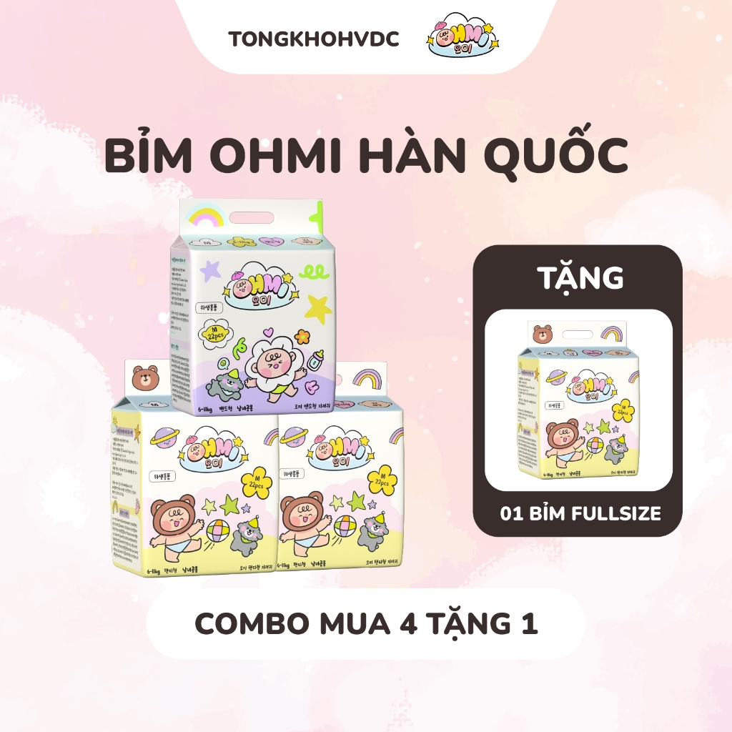 Combo 4 Tặng 1 Bỉm OHMI – Lõi G Siêu Thấm 1500ml – Tã Dán/Tã Quần Hàn Quốc – NB–XXL