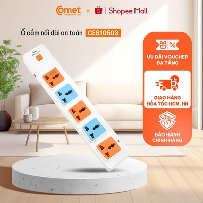[HT HCM] Ổ Cắm Điện Nối Dài 3M COMET CES10503 2500W, 5 Lỗ 3 Chấu, Dây 3 Mét, Nhựa PP Chống Cháy, Có Cầu Chì Bảo Vệ