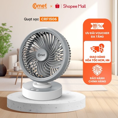 [HT HCM/HN] Quạt Sạc Tích Điện Đa Năng COMET CRF1506 7W - Xoay Tự Động 90°, 4 Cấp Độ Gió Mạnh, Để Bàn, Dùng Khi Cúp Điện