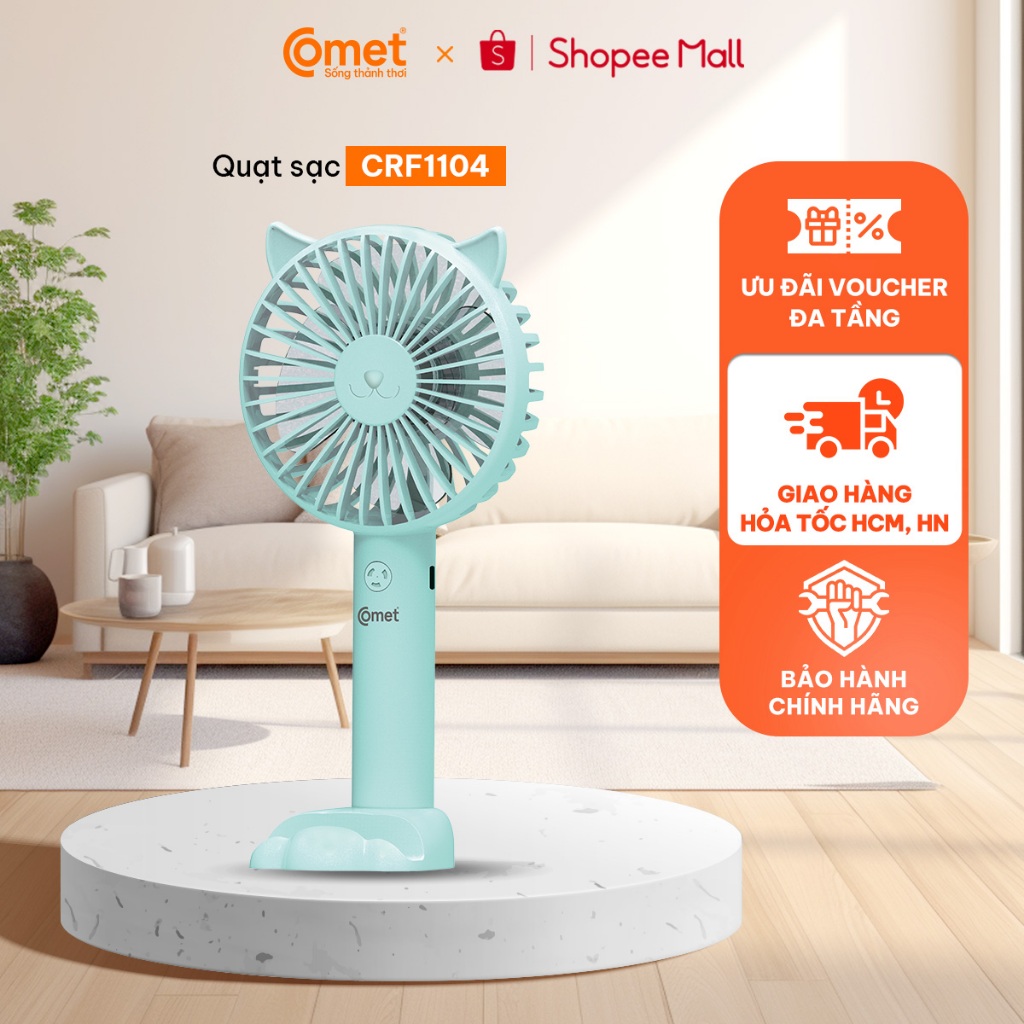 [Hỏa Tốc HCM/HN] Quạt Sạc Cầm Tay Tai Mèo COMET CRF1104 3W, Pin 1200mAh, Đế Rời, Kích Thước Nhỏ Gọn