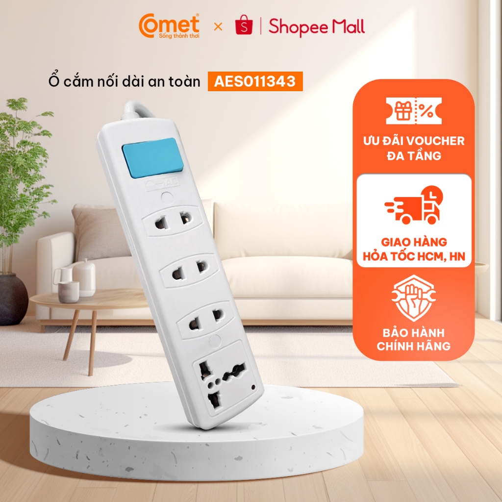 [Hỏa tốc HCM/HN] Ổ CẮM công suất lớn AC AES011343 4000W dây 3m dùng cho bếp điện/bình đun, bảo hành 