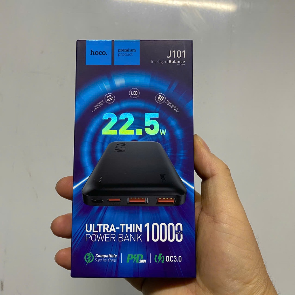 Sdp Hoco J101 10.000mah, màu đen  - Đầu vào chân type C, micro  - Đầu ra gồm 2 cổng Usb