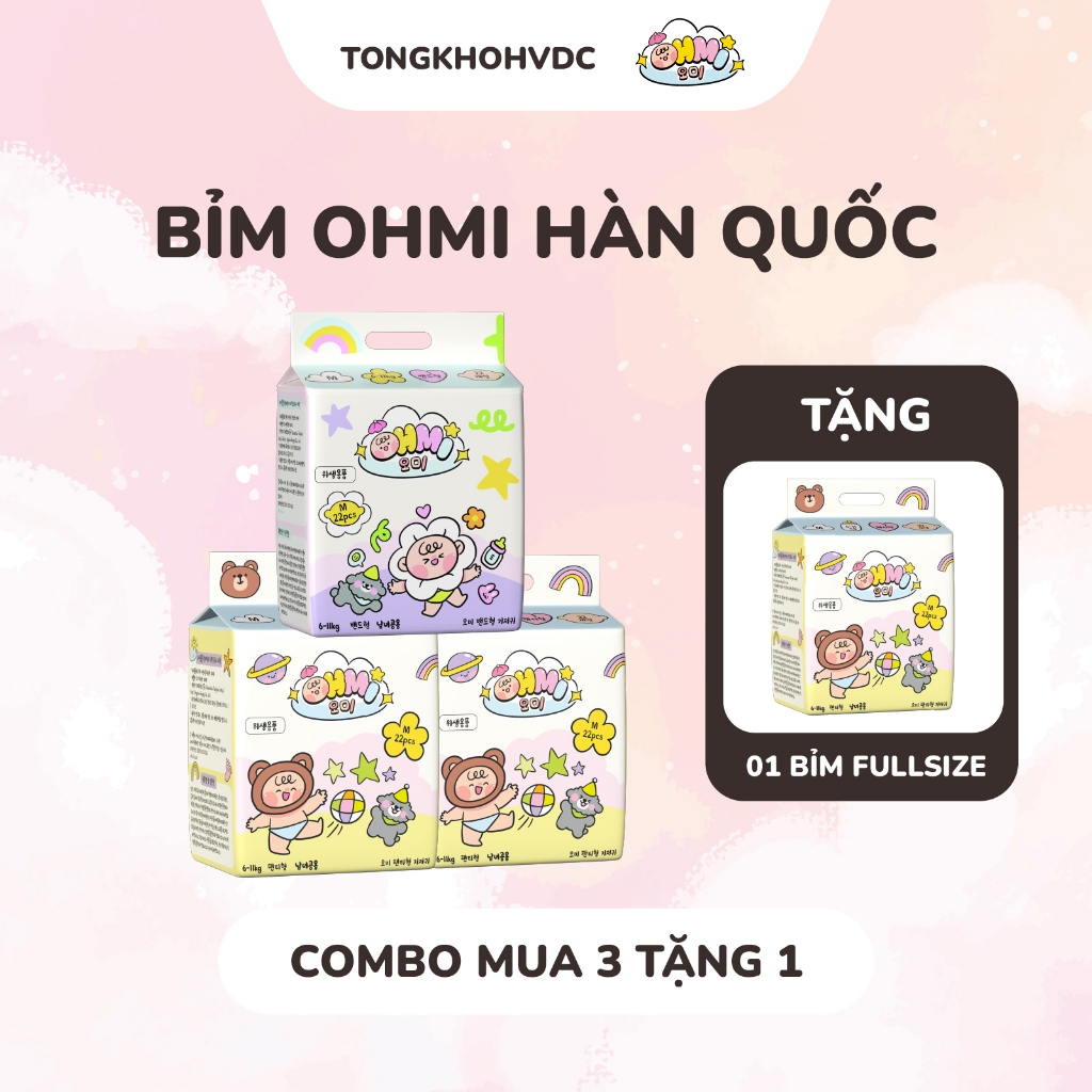 Combo 3 Tặng 1 Bịch Bỉm OHMI Hàn Quốc - Khô Thoáng, Siêu Thấm Hút - Tã Bỉm Dán/Quần Đủ Size Từ Sơ Si