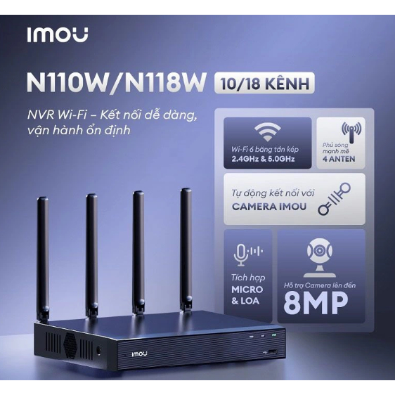 Đầu ghi hình Imou Wifi/DAHUA 10 kênh NVR-N110W-8A0E  Hỗ trợ 1 ổ cứng 16TB - Hàng chính hãng - BH 2 N