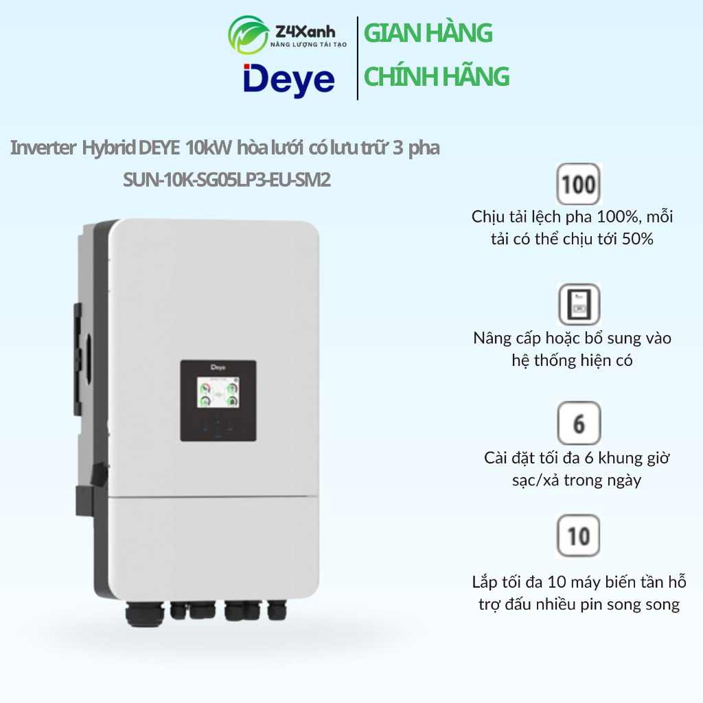Hybrid solar inverter DEYE hòa lưới có lưu trữ 10KWP 3 pha SUN-10K-SG05LP3-EU-SM2