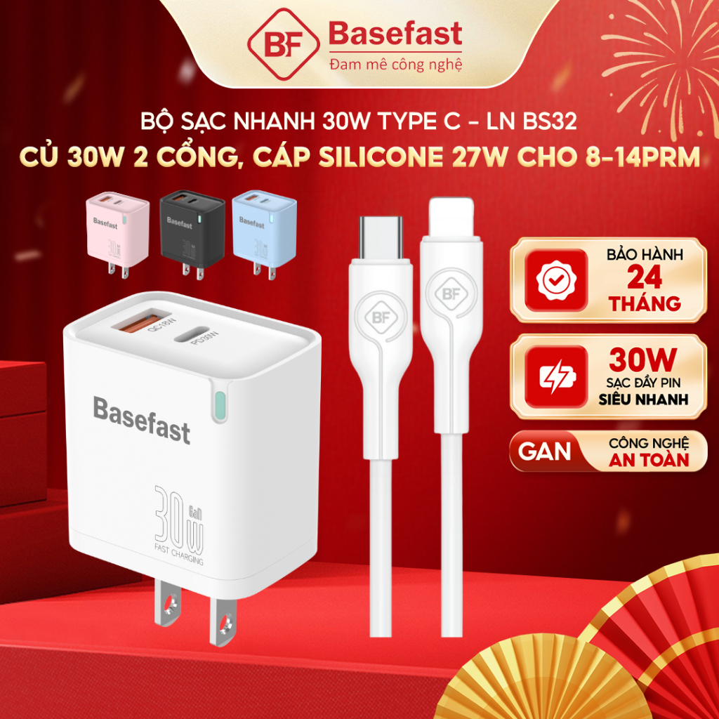 Bộ Sạc Nhanh 30W Basefast GaN 2 Cổng Type-C Và USB Siêu Bền Cho Xs/12/11/13/14/Pro Max