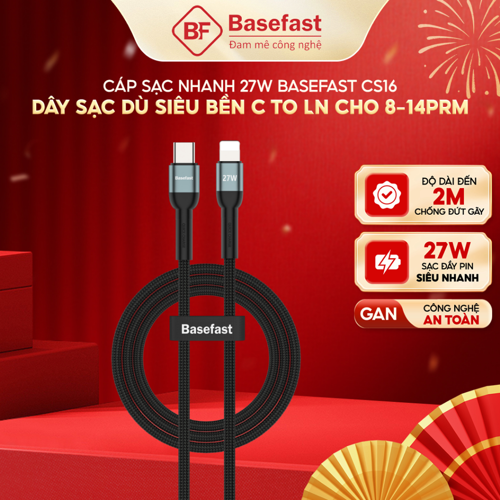 Cáp Sạc Nhanh 20W Basefast Bọc Dù 1/2M Bọc Dù Hỗ Trợ PD Cho Xs/12/11/13/14 Pro Max