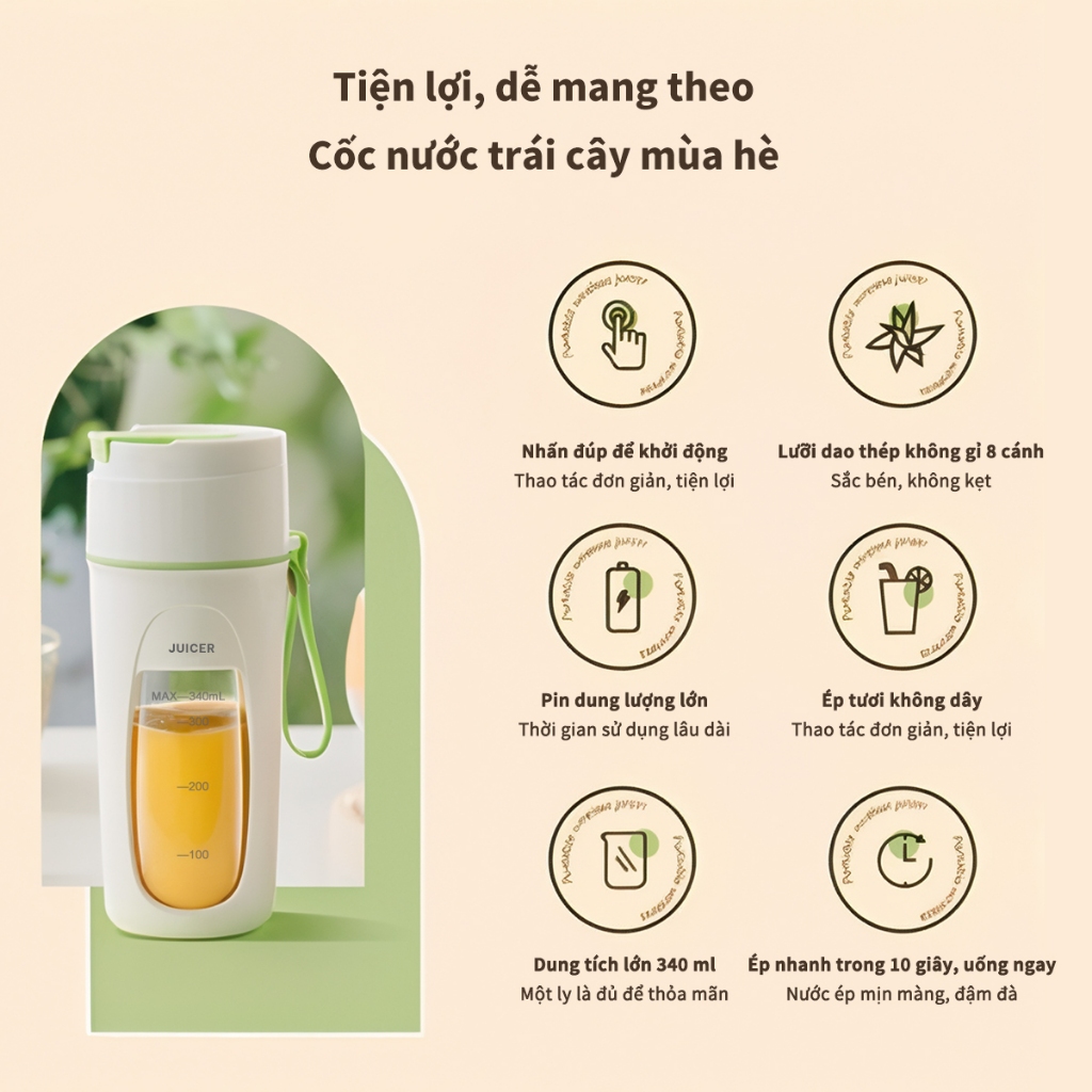 KADONIA Máy Xay Sinh Tố Cầm Tay Mini JUICER Dung Tích 340ml Cốc Xay Sinh Tố Du Lịch Nhỏ Gọn Sử Dụng Pin 4000mAh