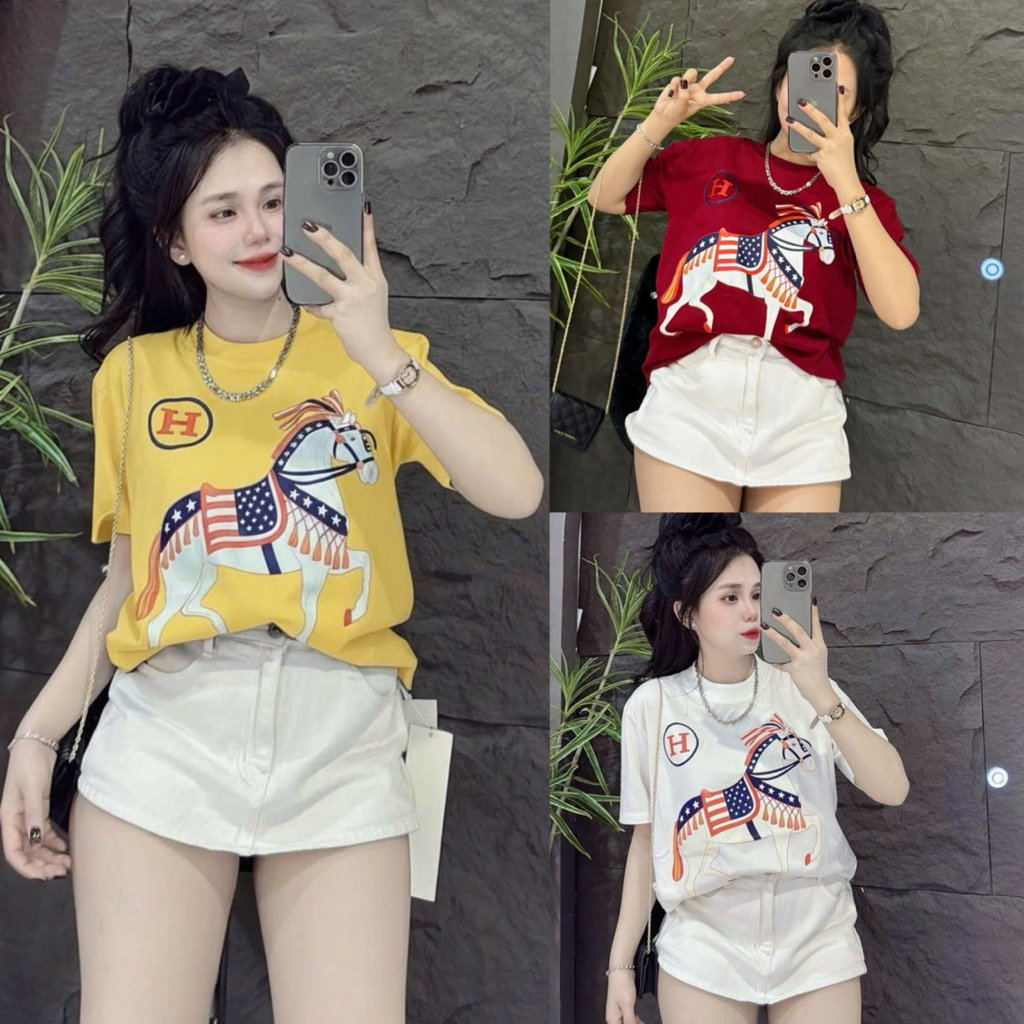 Áo Thun Nữ Cổ Tròn Tay Ngắn Trơn Phối Hình In N. ( Mã N H777 )