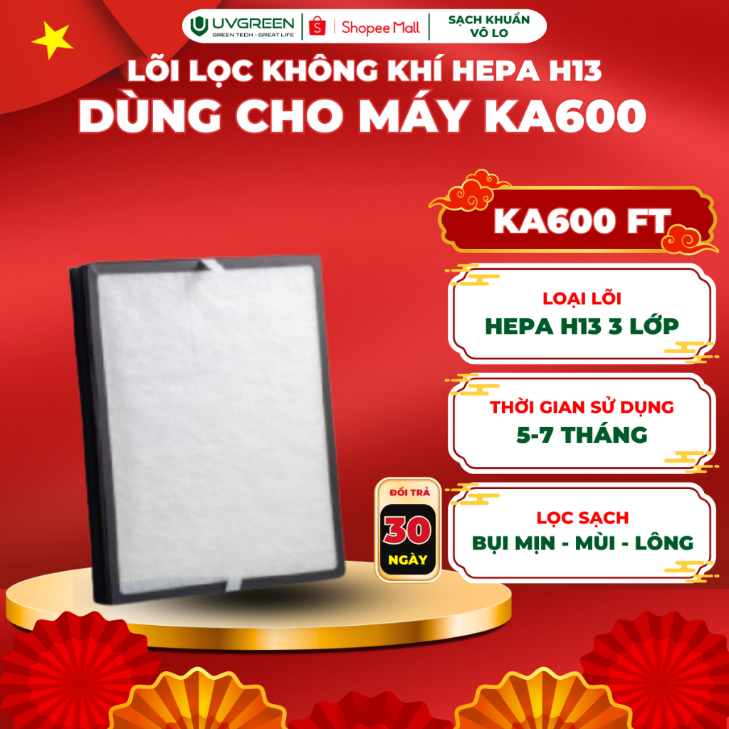 Màng Lọc HEPA H13 Diệt Khuẩn Cho Máy Lọc Không Khí UVGREEN KA600 FT, Màng Lọc 3 Lớp, Lọc Sạch Bụi Mị
