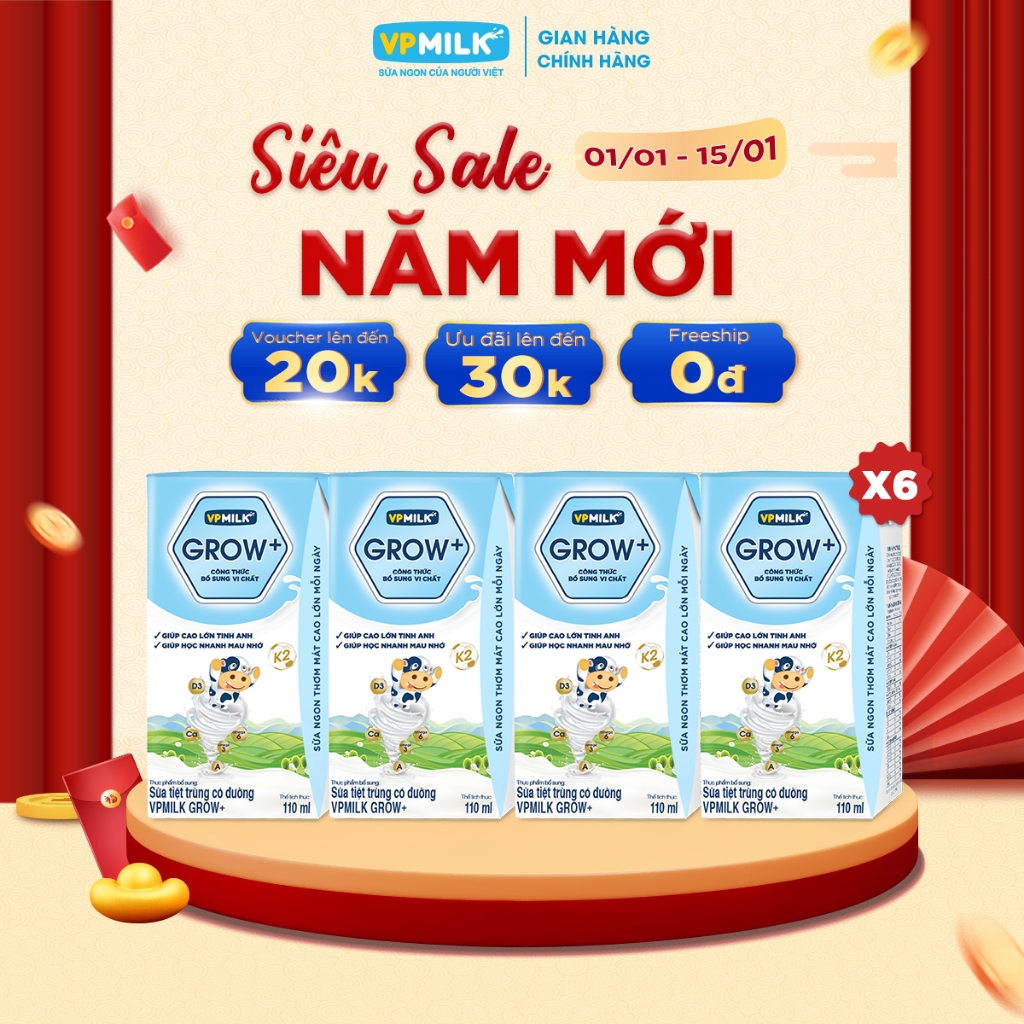 [6 Lốc 110ml] Sữa Tiệt Trùng VPMilk Grow+ Có Đường