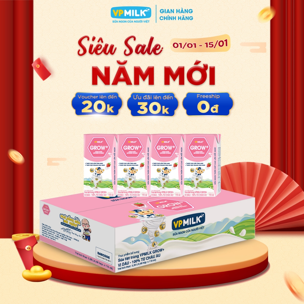 [Thùng 48 Hộp 110ml] Sữa Tiệt Trùng VPMilk Grow+ Vị Dâu Cho Bé Từ 1 Tuổi