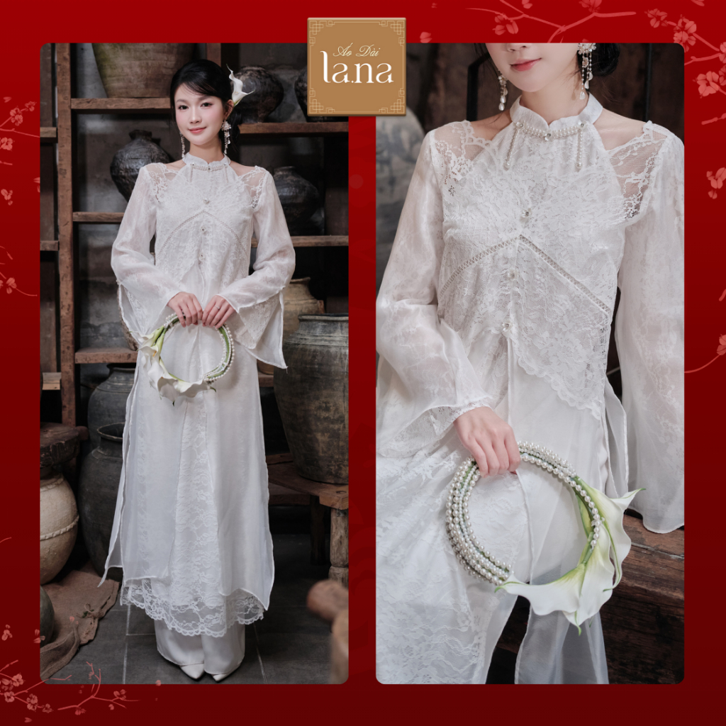 Áo dài tết cách tân Uyển Ngọc Trang dáng giả yếm cutout vai phối vải ren hoa chìm phối tằm óng nhẹ –