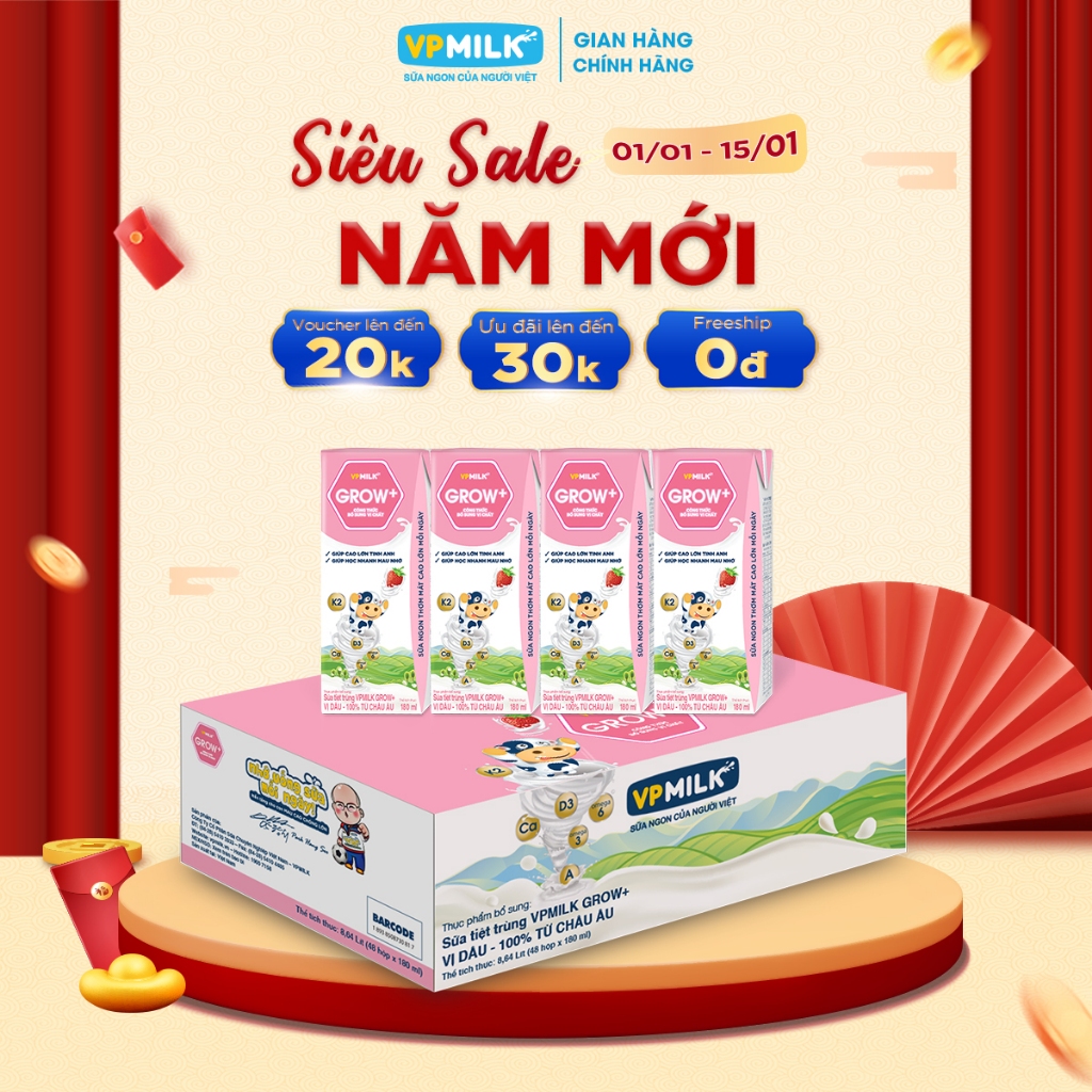 [Thùng 48 Hộp 180ml] Sữa Tiệt Trùng VPMilk Grow+ Vị Dâu
